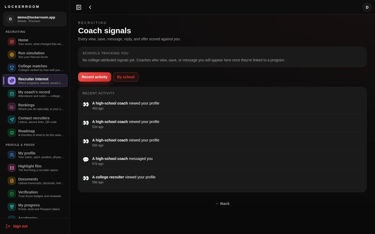 Real coach signals screenshot showing recruiter activity on an athlete's profile