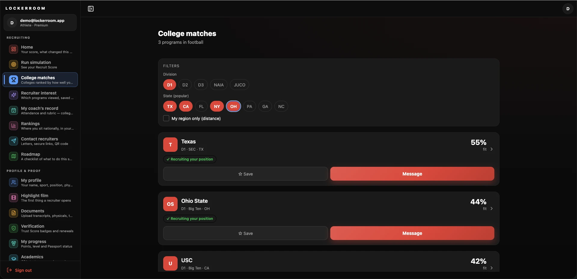 College matches screen showing Texas, Ohio State, and USC ranked by recruiting fit percentage