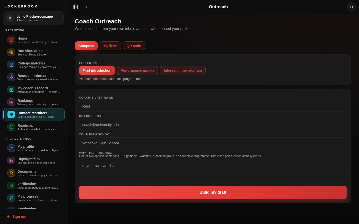 Coach outreach composer with a drafted introduction letter
