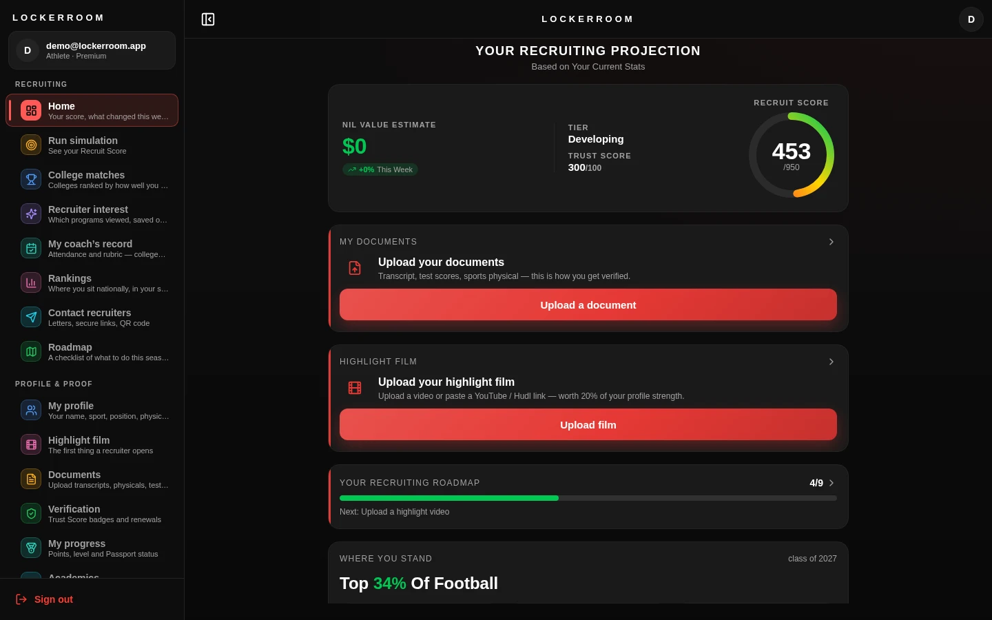 Athlete home dashboard showing Recruit Score, NIL value estimate, and next steps