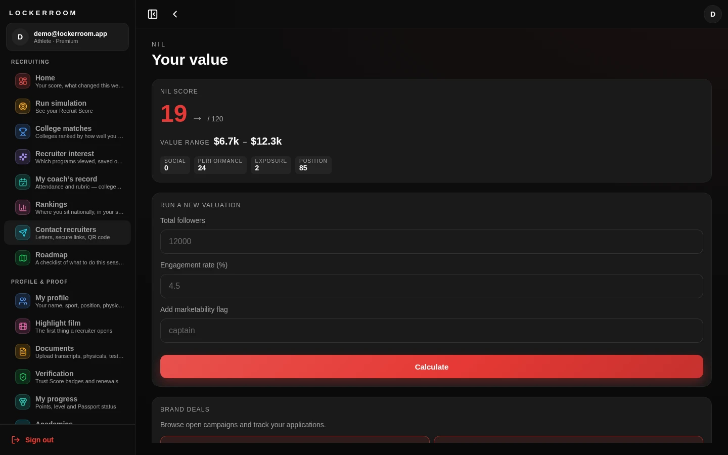 NIL value screen showing NIL score, value range, and contributing factors