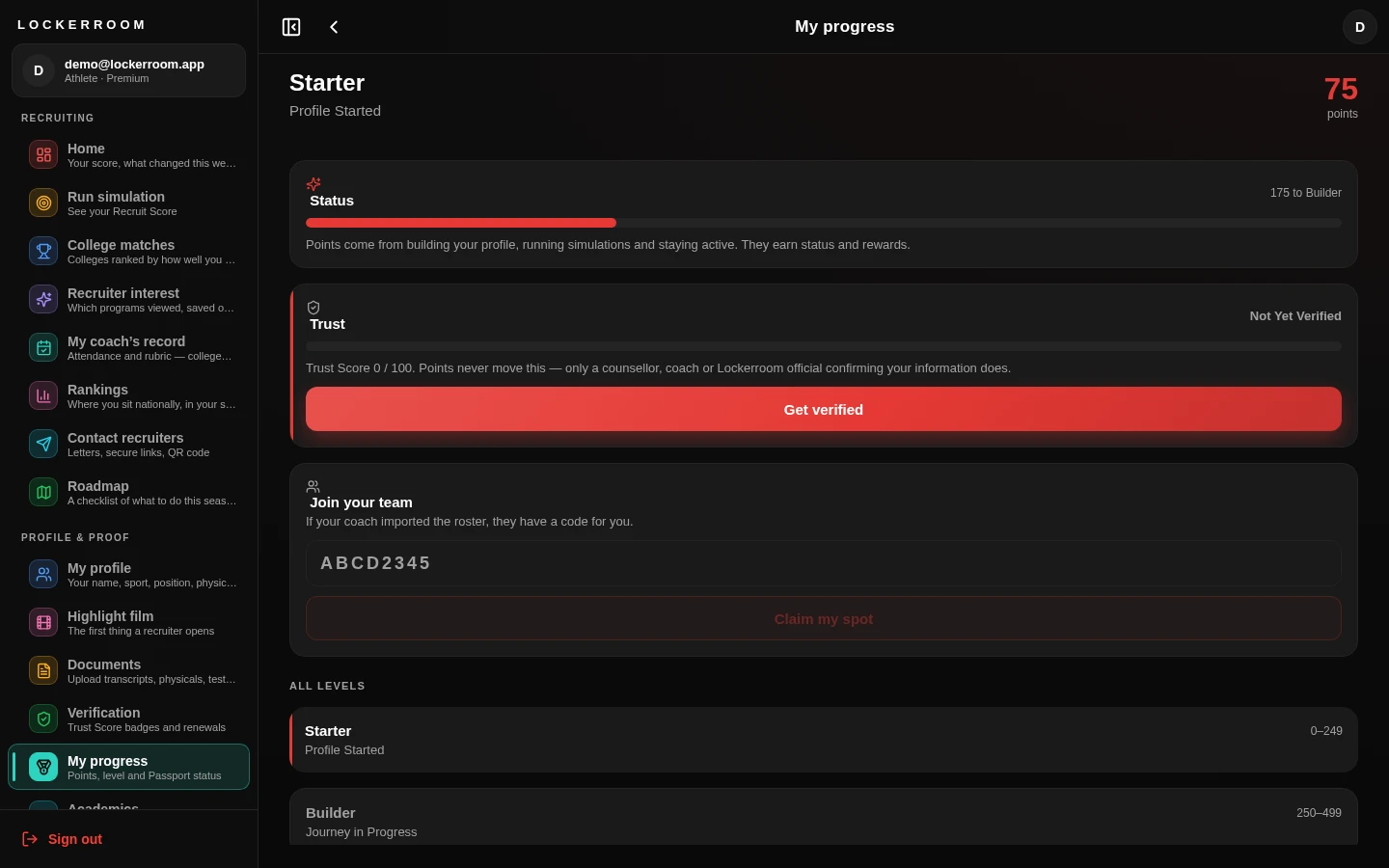 Progress screen showing athlete level, points, and Trust Score