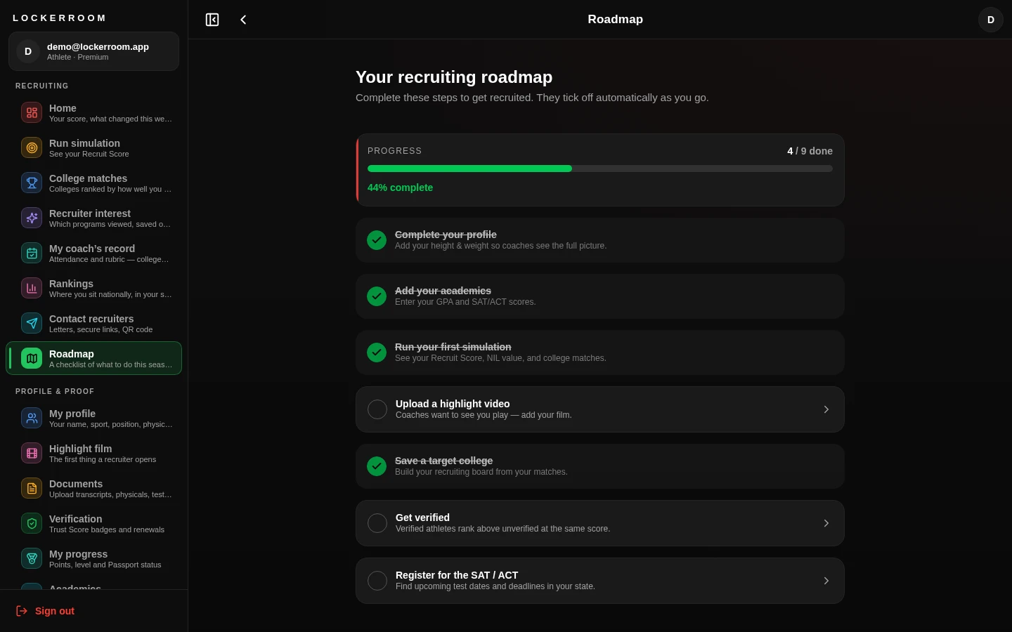 Recruiting roadmap checklist showing completed and upcoming steps