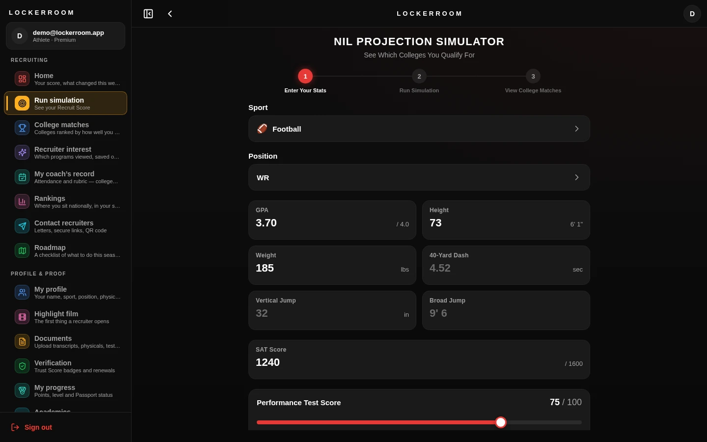 Recruit simulation form showing sport, position, GPA, and combine stats