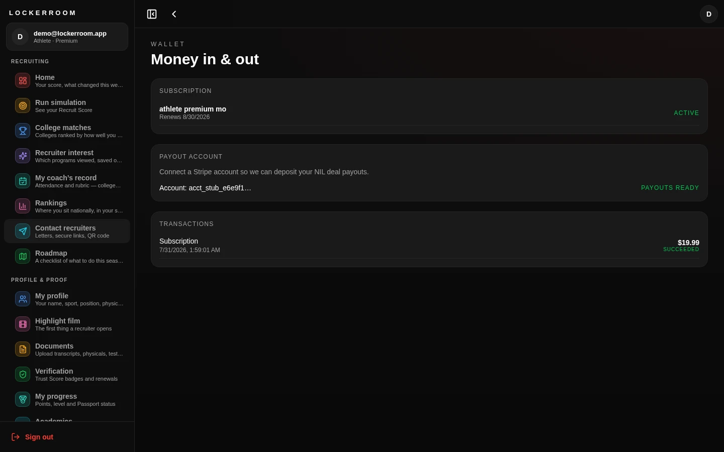 Wallet screen showing subscription status, payout account, and transactions
