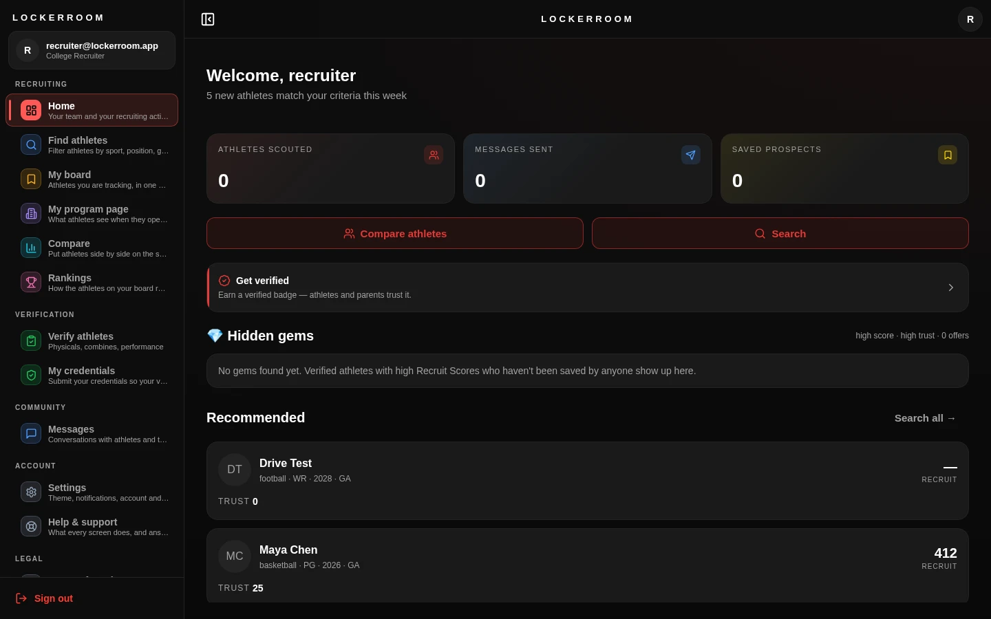 Real college recruiter dashboard screenshot showing recommended athletes
